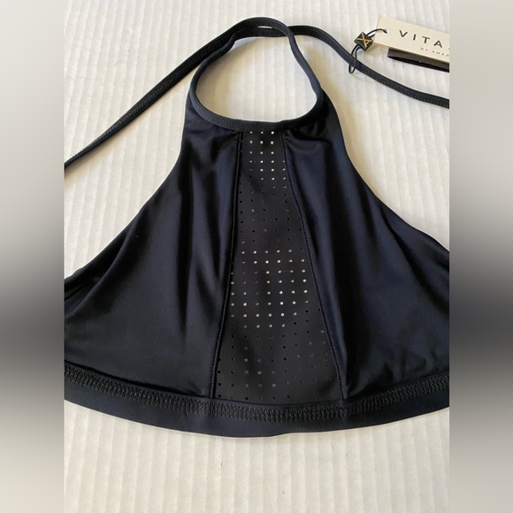 NWT Vitamin A Carbon 38 Swim Celine High Neck Mesh Halter Bikini Top Black S 8/M - Picture 2 of 15